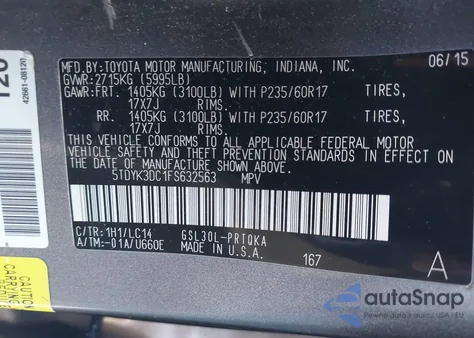 2015 Toyota Sienna Xle Premium 8 Passenger z USA, uszkodzony, nr VIN 5TDYK3DC1FS632563